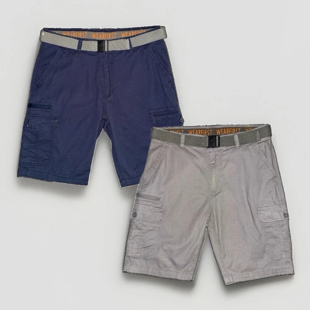 Wearfirst Mens Cargo Shorts 2 Pair Lot Belts Khaki Navy 36 Flex Waist 11